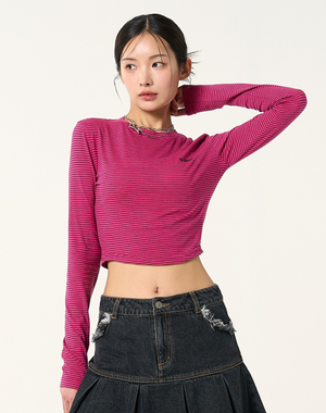 우먼스 스트라이프 롱슬리브 티셔츠 핫핑크
