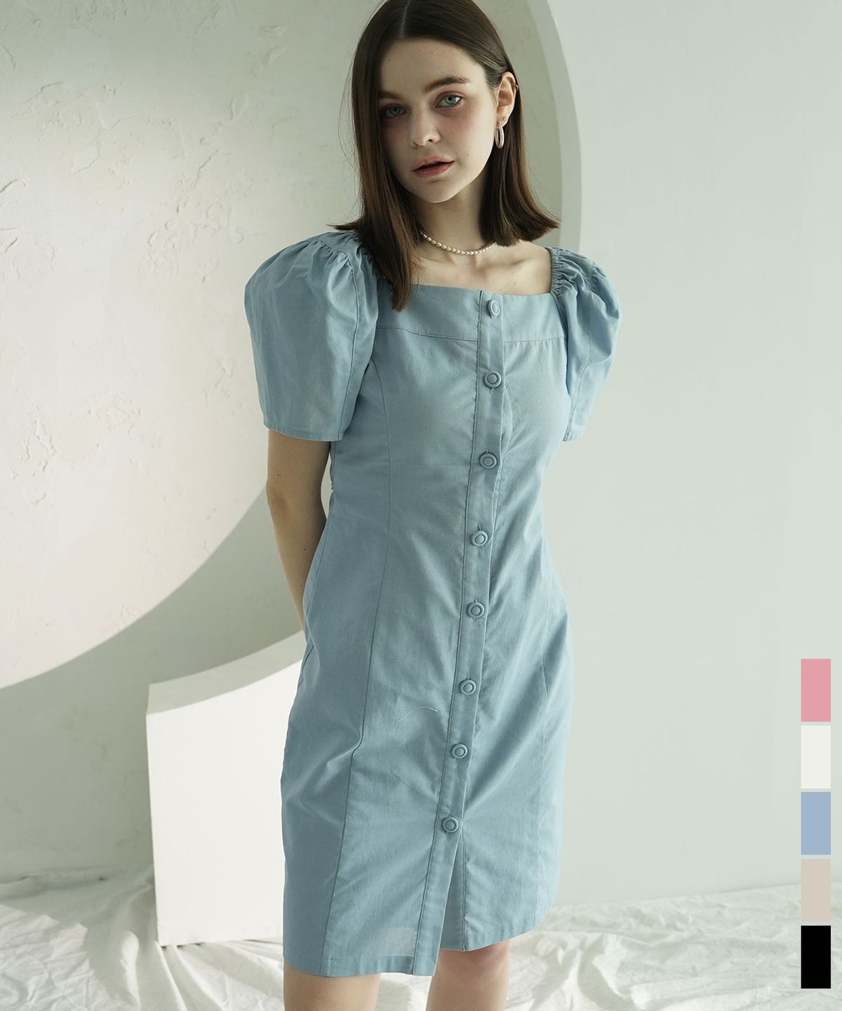 비바셔스(VIVACIOUS) Pellier Square Neck Puff Sleeve Dress - 5COL