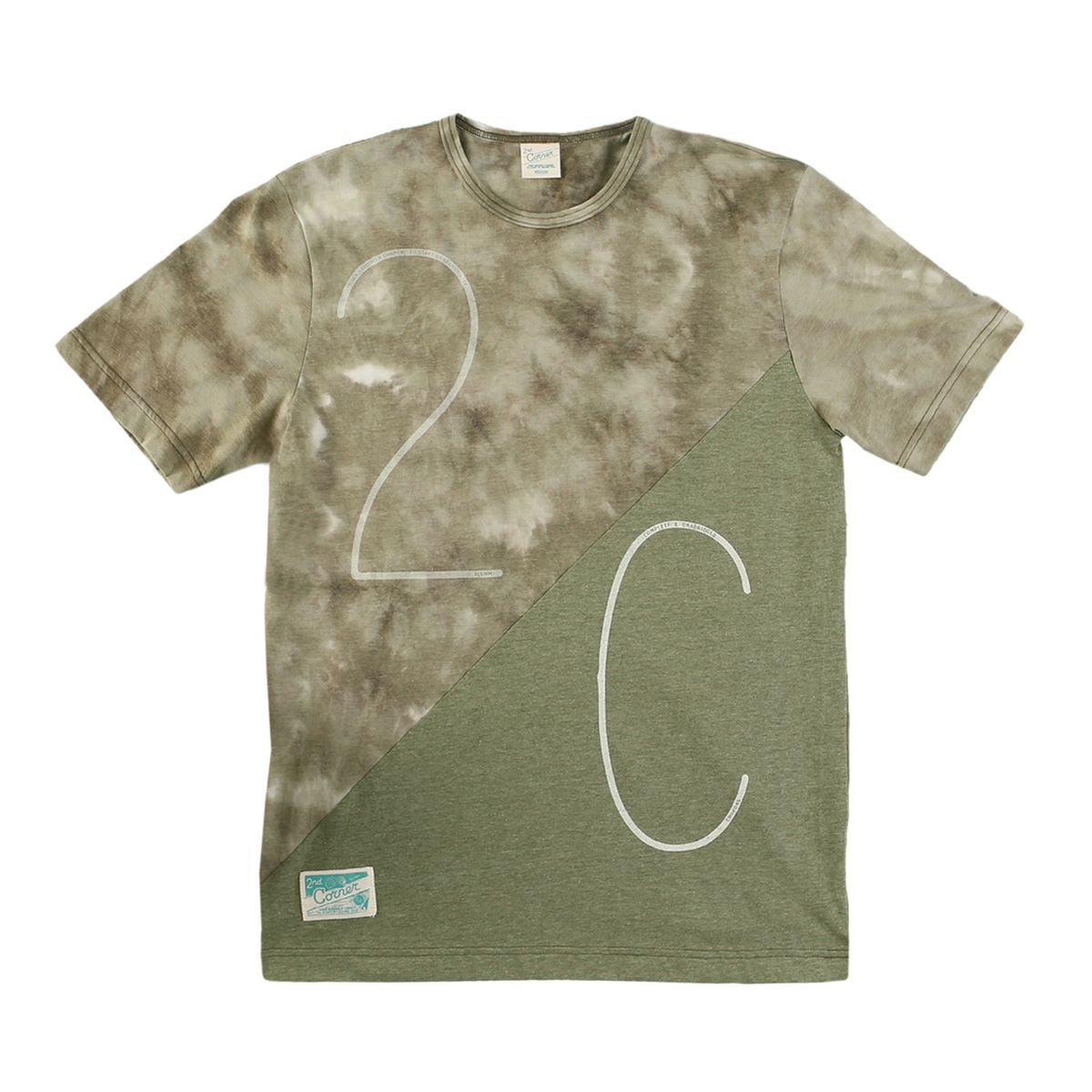 세컨드 코너(SECOND CORNER) 남성  순면 물나염 그래픽 반팔 티셔츠. Stieg-Khaki