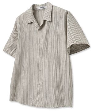 린넨 오픈카라 펜슬 스트라이프 하프 셔츠 [OATMEAL]