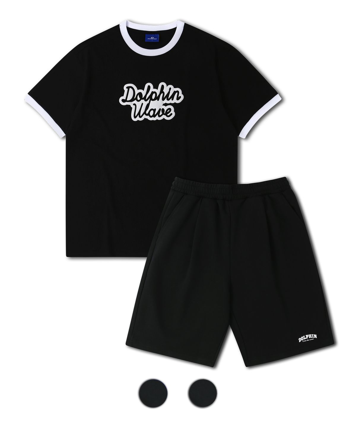 돌핀웨이브어패럴(DOLPHIN WAVE APPAREL) [세트] 돌핀 발포프린트 빅로고 링거 반팔티셔츠 블랙 & 아치로고 원턱 반바지 블랙