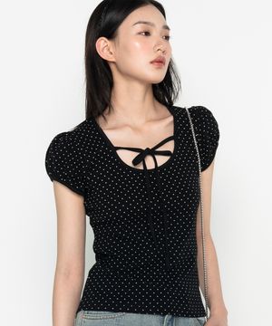 퍼프소매 도트 리본 숏슬리브 티셔츠 블랙