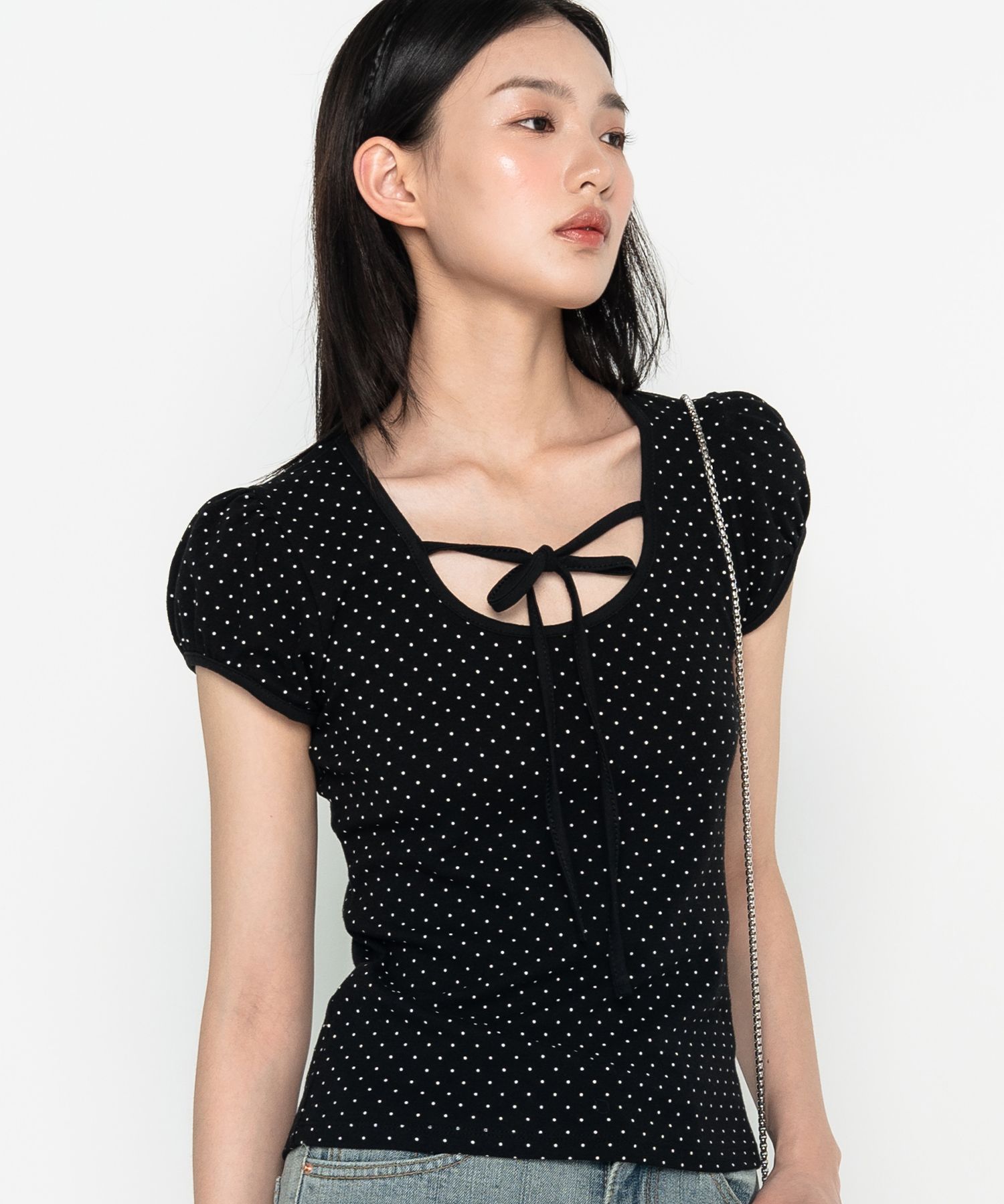 ●High School Disco● Puff sleeve dot リボンTシャツ (2色) ○High School Disco○ Puff sleeve dot リボンTシャツ (2色
