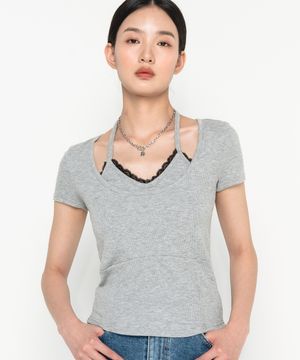 레이스 홀터넥 숏슬리브 티셔츠 그레이