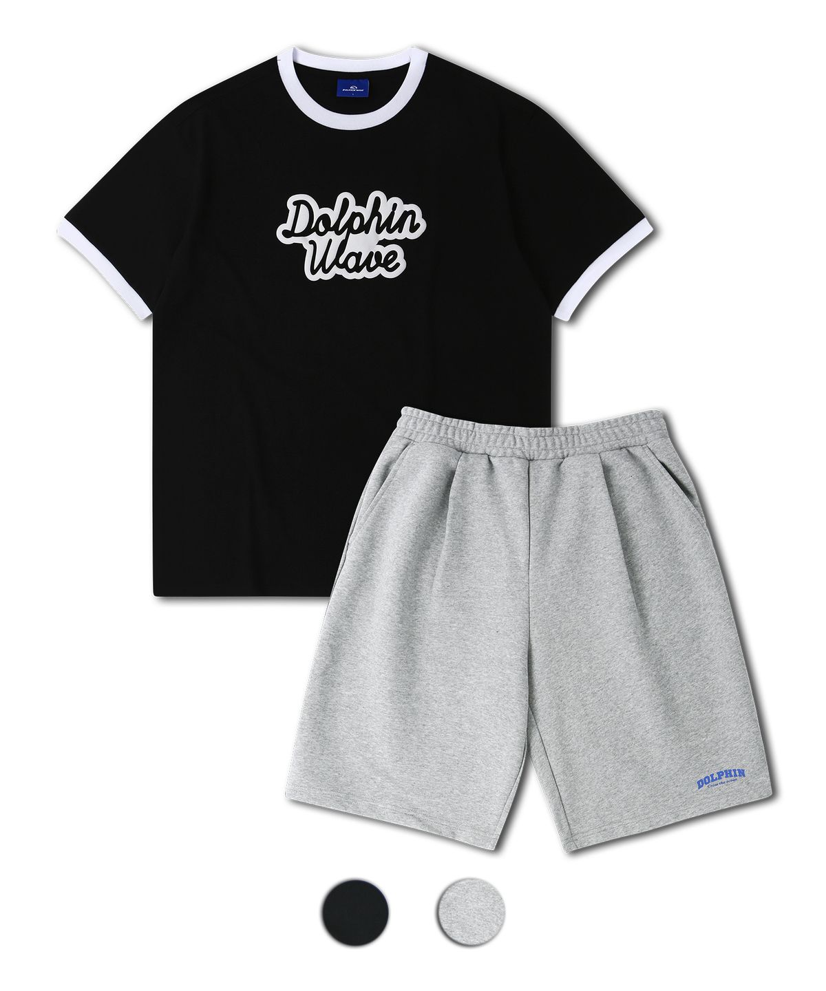 돌핀웨이브어패럴(DOLPHIN WAVE APPAREL) [세트] 돌핀 발포프린트 빅로고 링거 반팔티셔츠 블랙 & 아치로고 원턱 반바지 멜란지그레이
