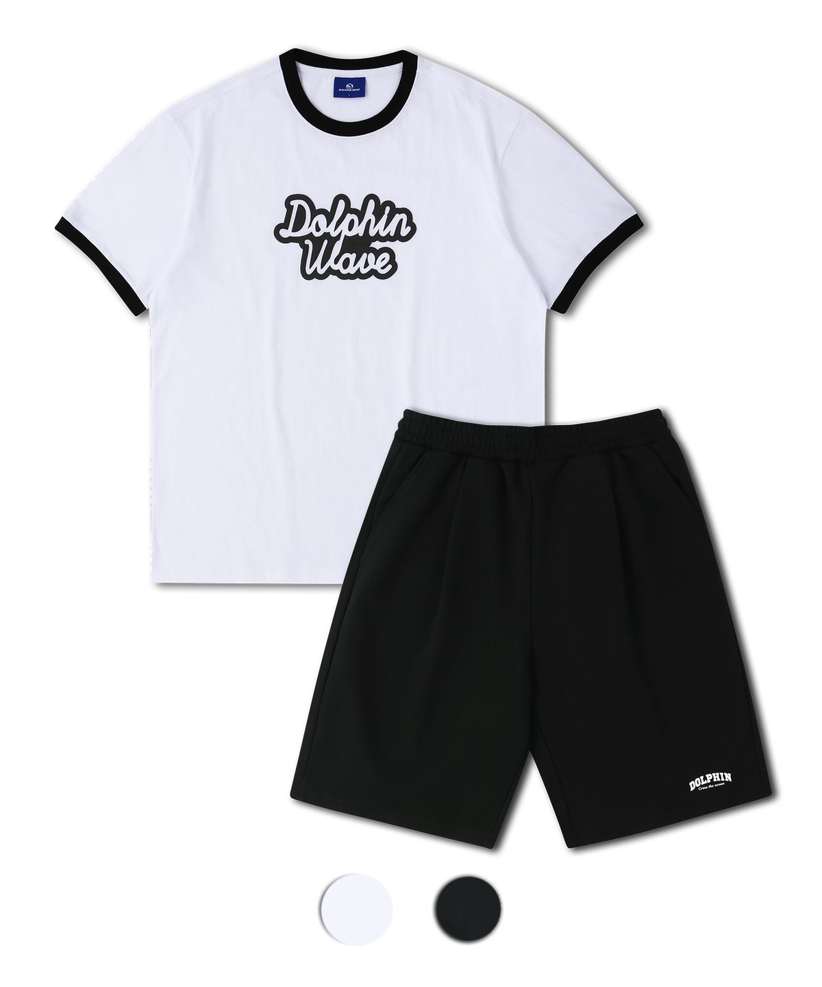 돌핀웨이브어패럴(DOLPHIN WAVE APPAREL) [세트] 돌핀 발포프린트 빅로고 링거 반팔티셔츠 화이트 & 아치로고 원턱 반바지 블랙
