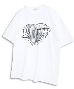 오버핏 크루넥 메탈릭 크롬 하트 로고 반팔 티셔츠 화이트