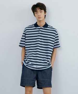 Washed stripe polo 1/2 shirt (navy stripe)