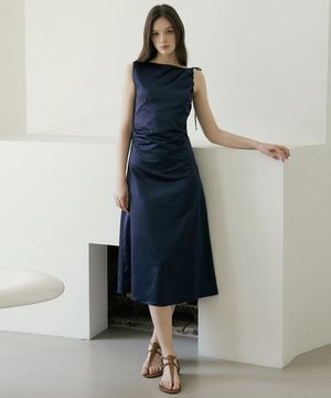FRA GLOSSY UNBALANCE SHOULDER DRESS SATIN NAVY
