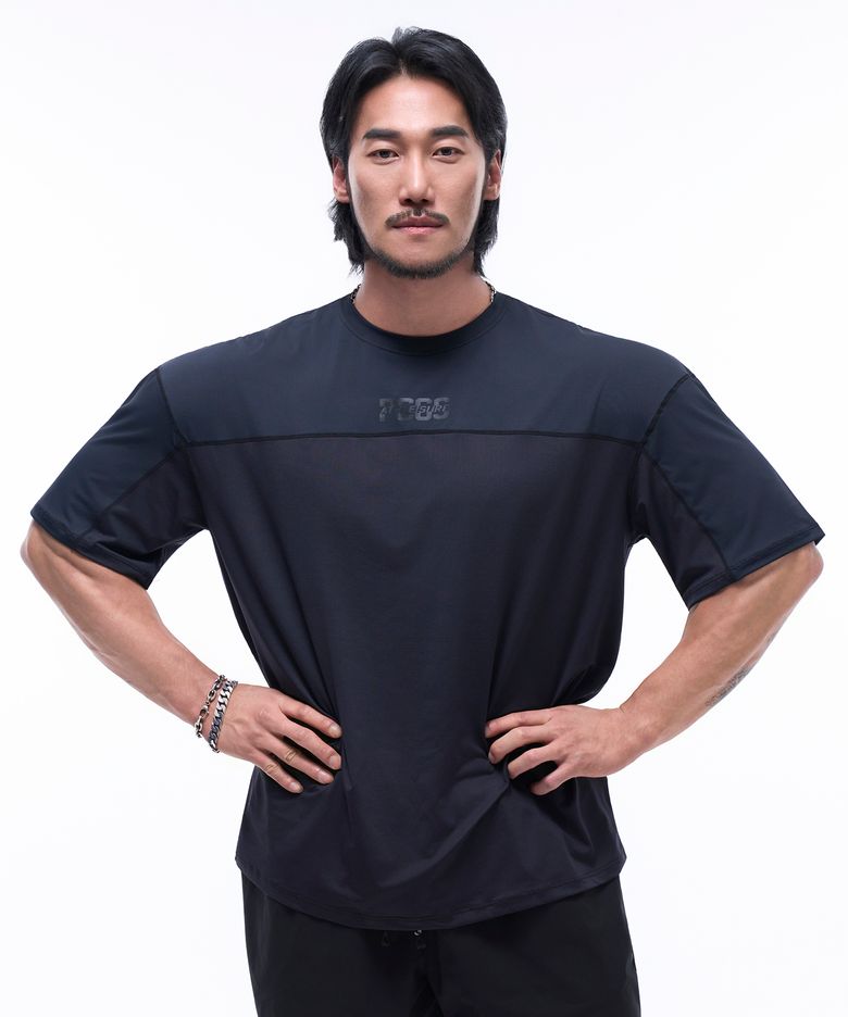 P2407 메쉬배색 기능성 오버핏반팔 [블랙]