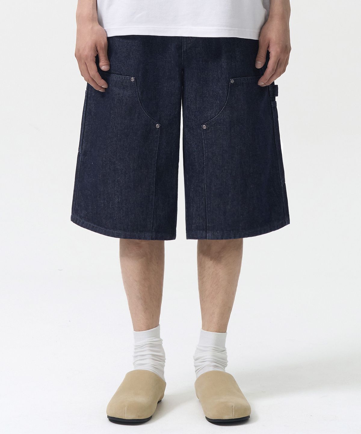 엑스컨테이너(EXCONTAINER) 더블니 카펜터 버뮤다 데님 팬츠 (RAW INDIGO)