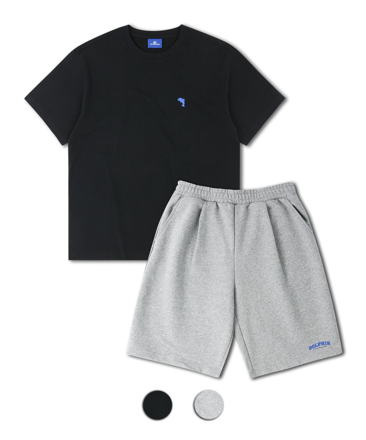 돌핀웨이브어패럴(DOLPHIN WAVE APPAREL) [세트] 돌핀 미니 체인자수 16수 반팔티셔츠 블랙 & 아치로고 원턱 반바지 멜란지그레이