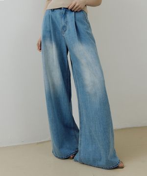Pin tuck wide Denim Pants (blue)
