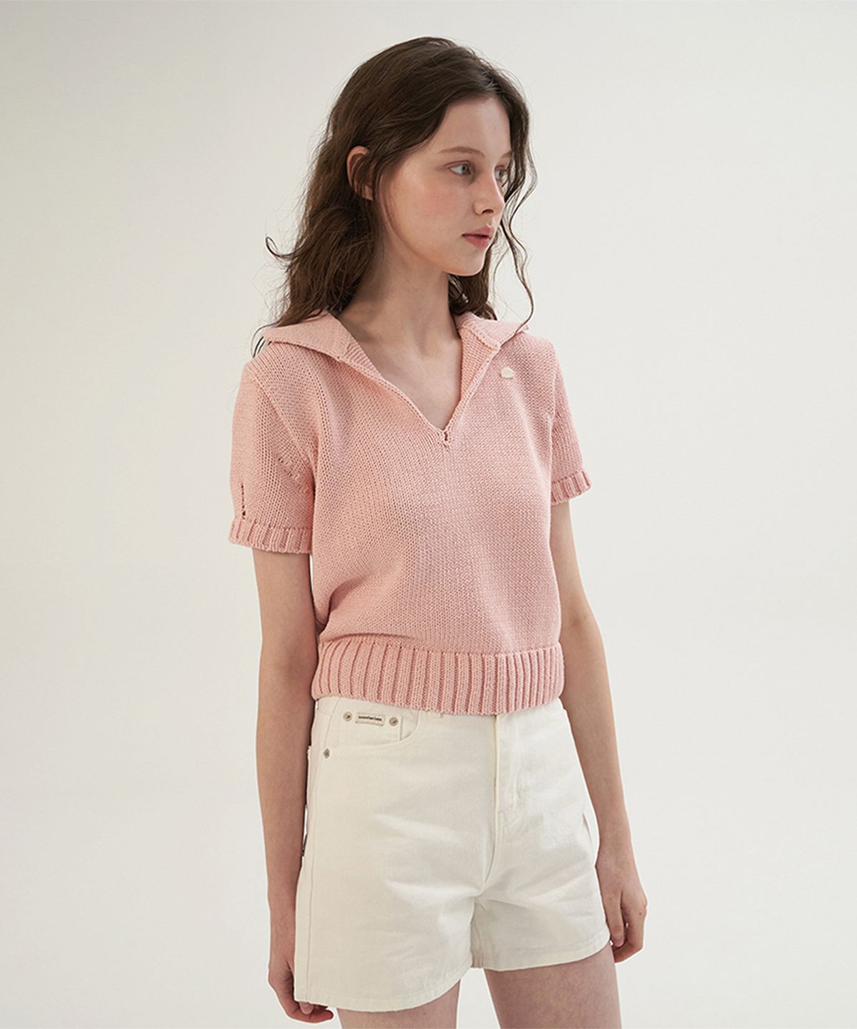 썸웨어버터(SOMEWHEREBUTTER) Cotton Collar Pendant Knit - Pink