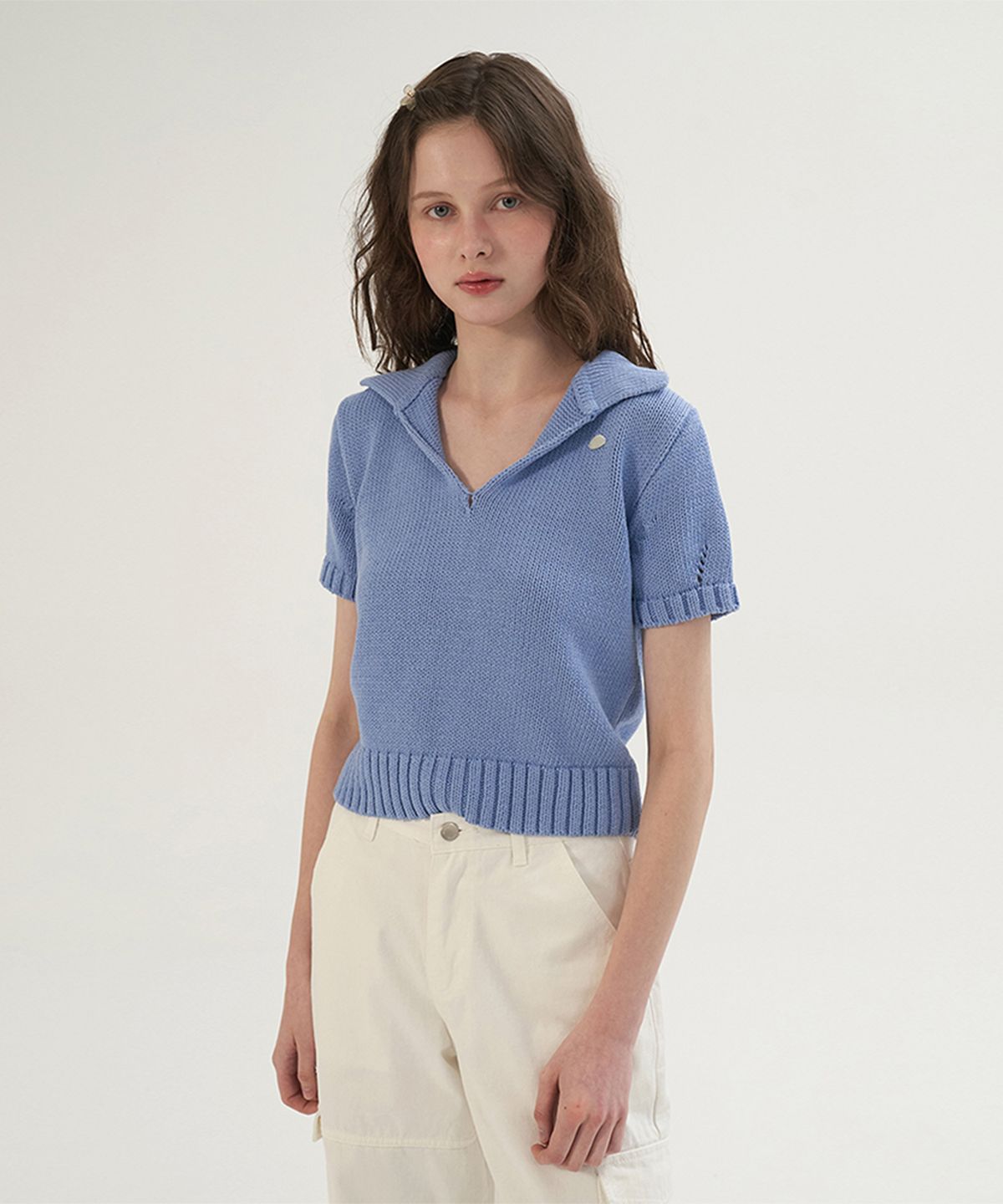 썸웨어버터(SOMEWHEREBUTTER) Cotton Collar Pendant Knit - Blue