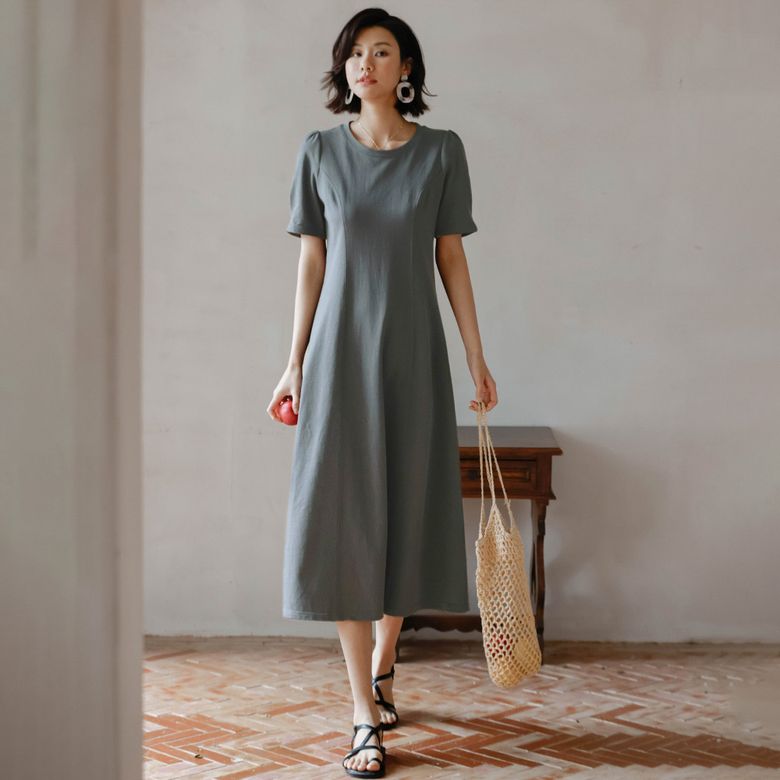 LS_Round neck gray long dress