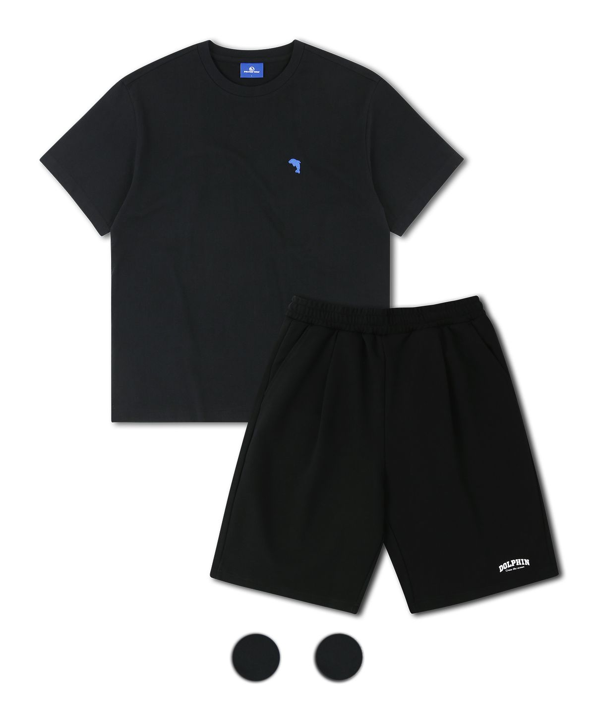 돌핀웨이브어패럴(DOLPHIN WAVE APPAREL) [세트] 돌핀 미니 체인자수 16수 반팔티셔츠 블랙 & 아치로고 원턱 반바지 블랙