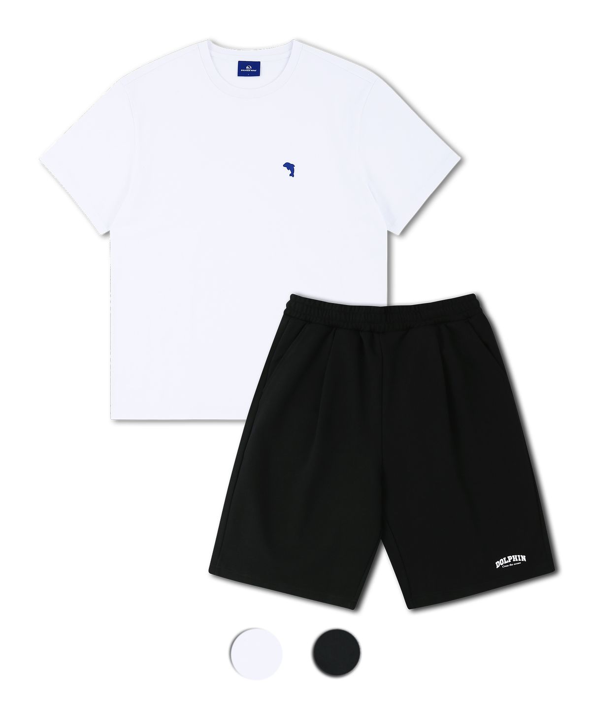 돌핀웨이브어패럴(DOLPHIN WAVE APPAREL) [세트] 돌핀 미니 체인자수 16수 반팔티셔츠 화이트 & 아치로고 원턱 반바지 블랙