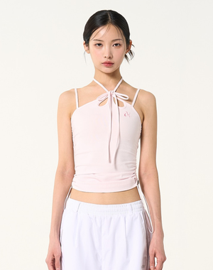 우먼스 스트링 홀터 넥 슬리브리스 탑 베이비핑크