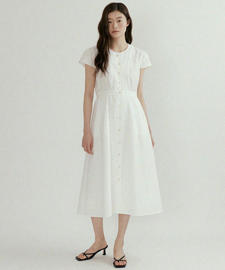 button shirring dress-ivory