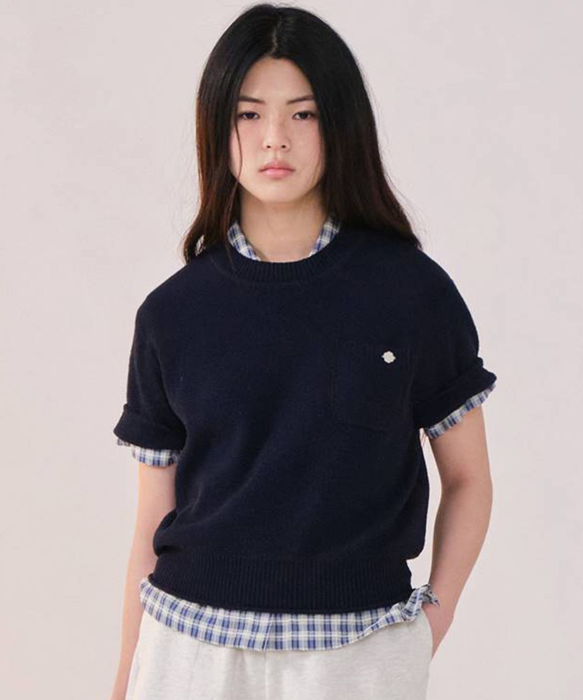 커버낫 우먼(COVERNAT WOMAN) 우먼 라운드 부클 반팔 니트 Navy