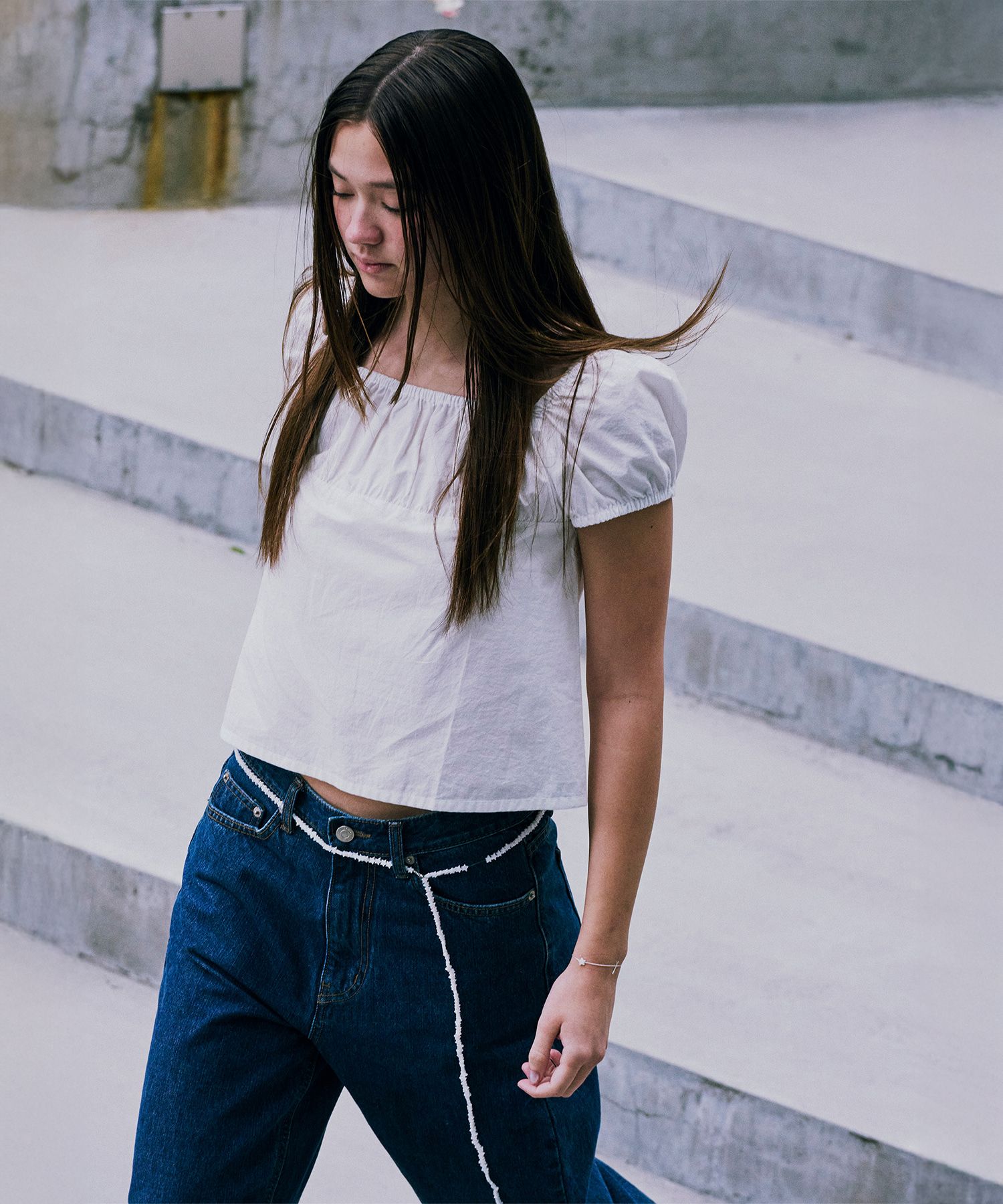 Tシャツ・カットソー [LOW CLASSIC] SHIRRING COTTON TOP_BLACK LOW CLASSIC