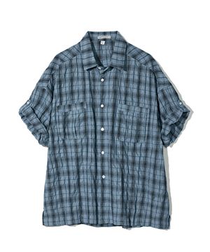 링클 체크 박시 오버핏 롤업 하프 셔츠 블루