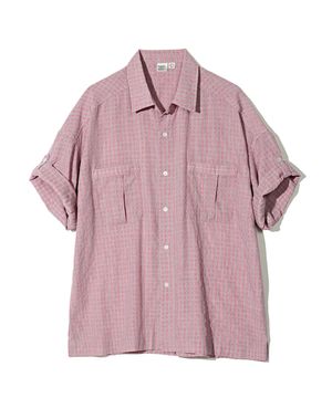 클래식 체크 박시 오버핏 롤업 하프 셔츠 빈티지 레드