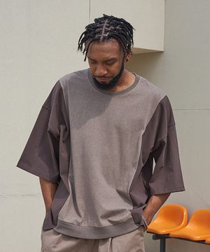 Center Color Unbalanced Boxy T-Brown