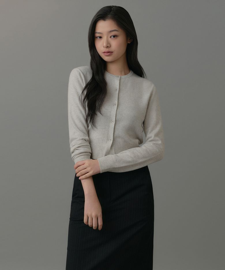 우먼즈 램스울 라운드 넥 크롭 가디건 [멜란지 라이트 그레이]