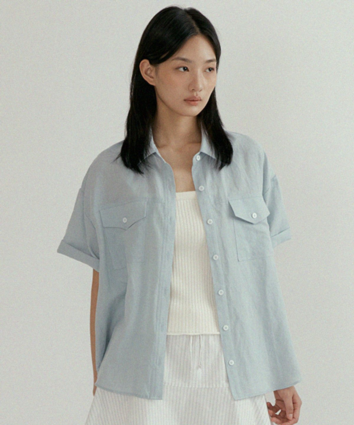 링서울(LINGSEOUL) linen bamboo blended pocket blouse-baby blue
