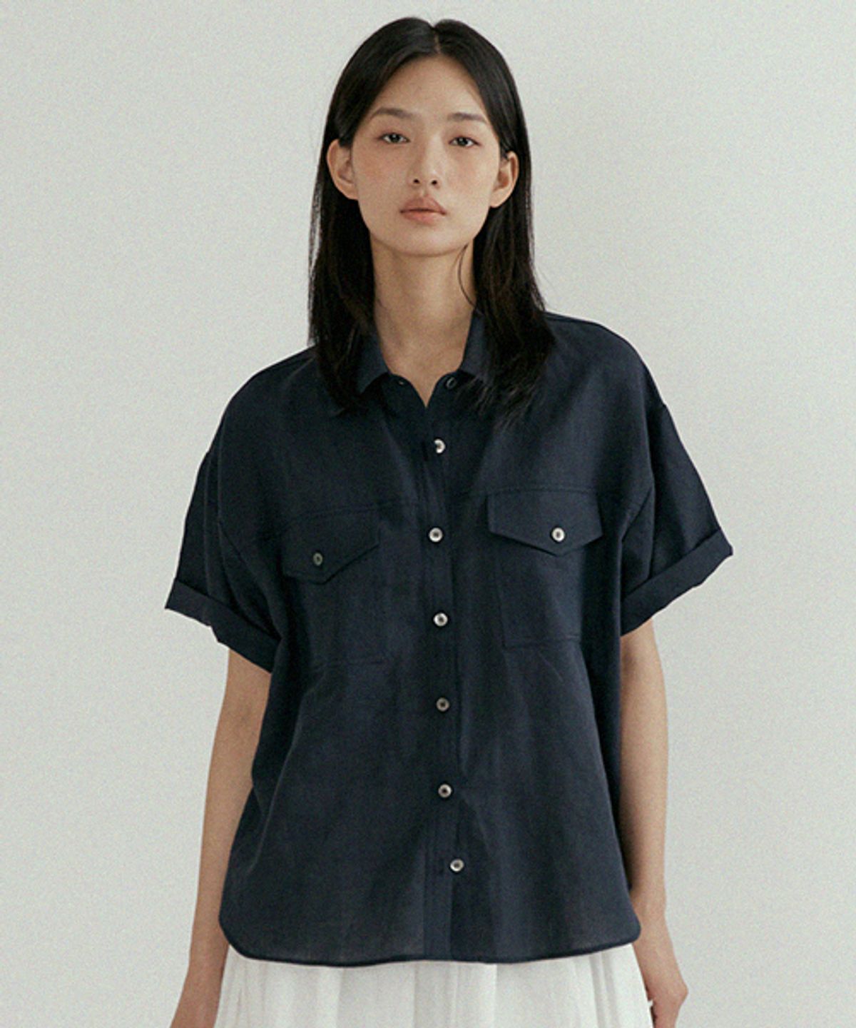 링서울(LINGSEOUL) linen bamboo blended pocket blouse-navy