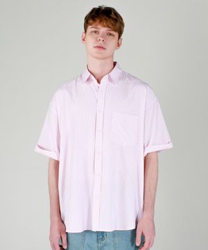 스트라이프 오버핏 반팔 셔츠 핑크