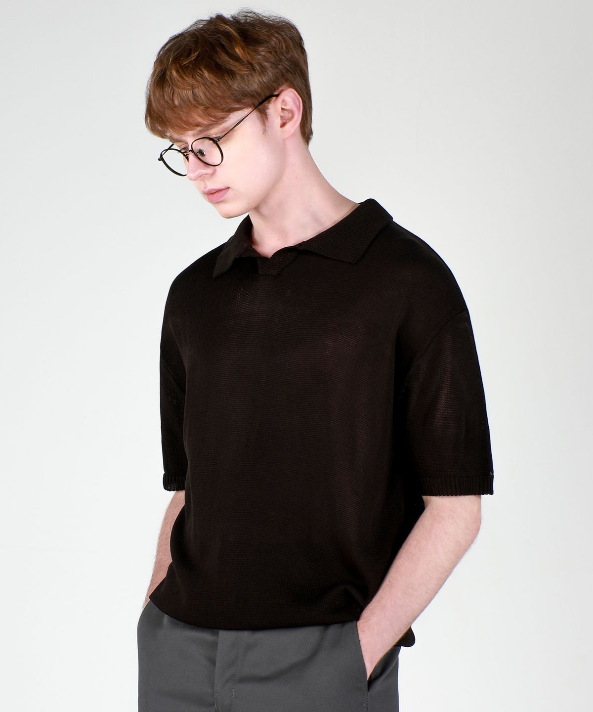 이에스엔(ESN) 워셔블 카라넥 반팔 니트 블랙