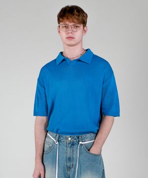 워셔블 카라넥 반팔 니트 블루