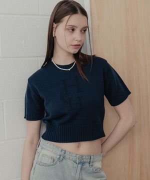 문라이트 로고 라운드넥 니트_네이비