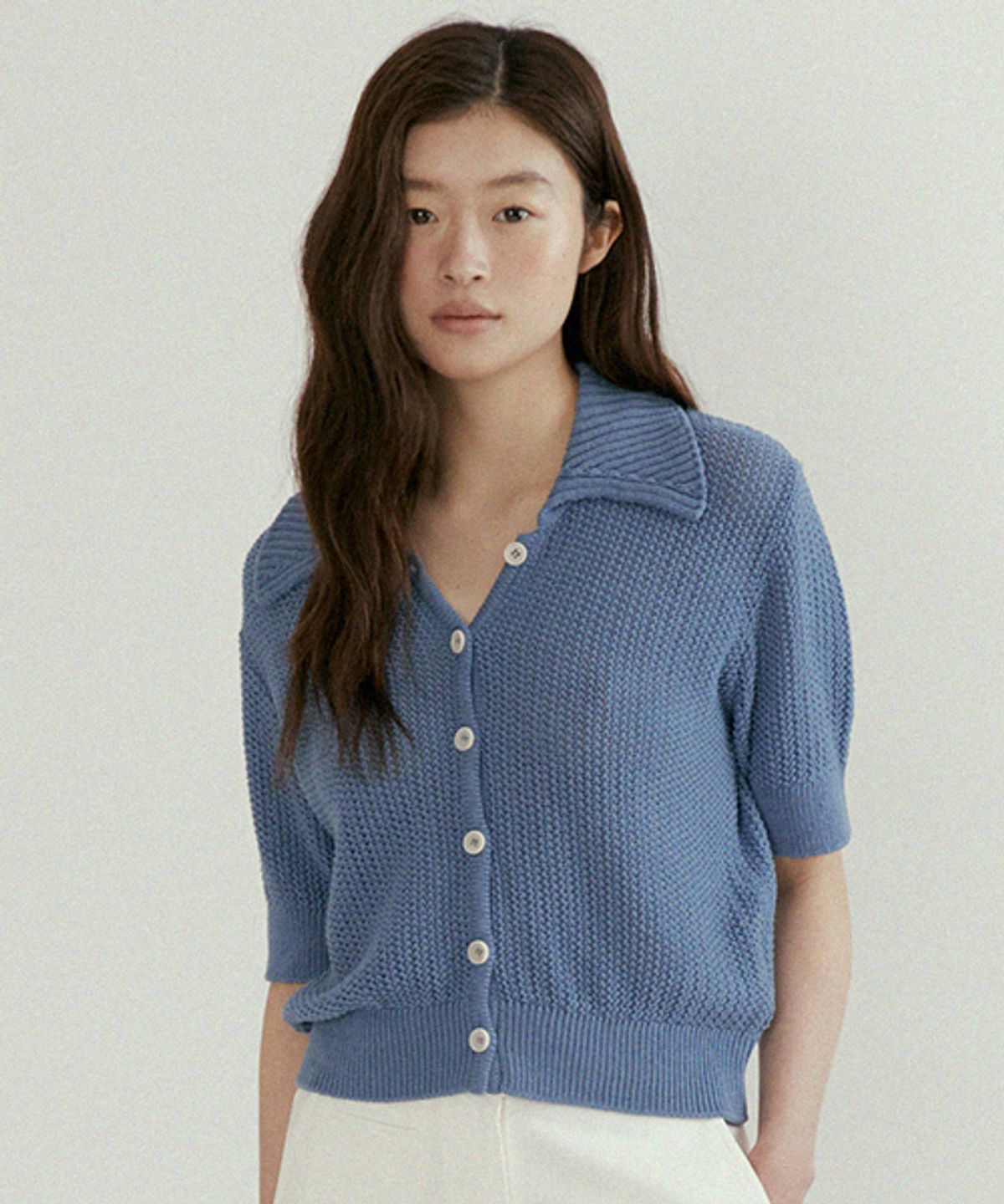 링서울(LINGSEOUL) open collar cotton knit-blue