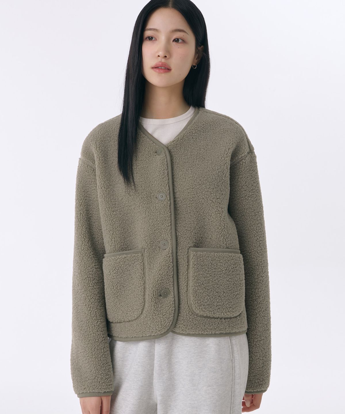 무신사 스탠다드 우먼(MUSINSA STANDARD WOMAN) 우먼즈 플리스 칼라리스 재킷 [카키 그레이]