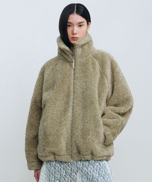 우먼즈 오버사이즈 테디 플리스 하이 넥 집업 재킷 [세이지]