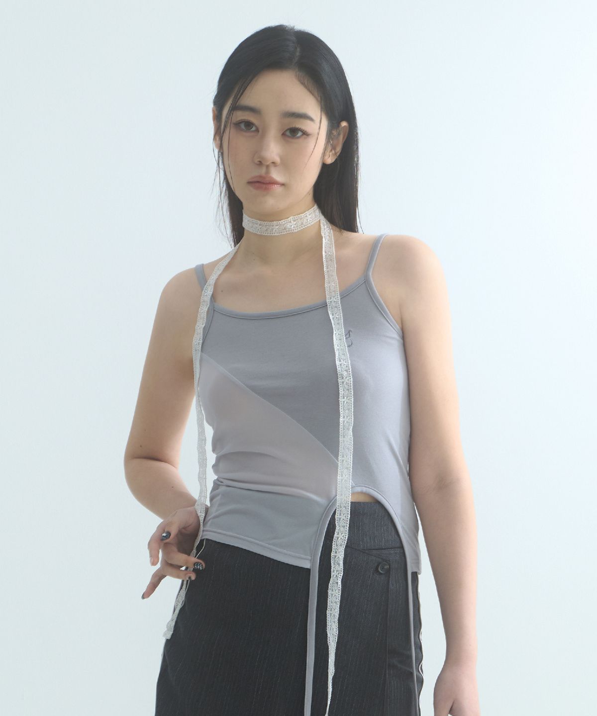 무아르모아(MOIREMOA) oblique String Sleeveless Top-gray