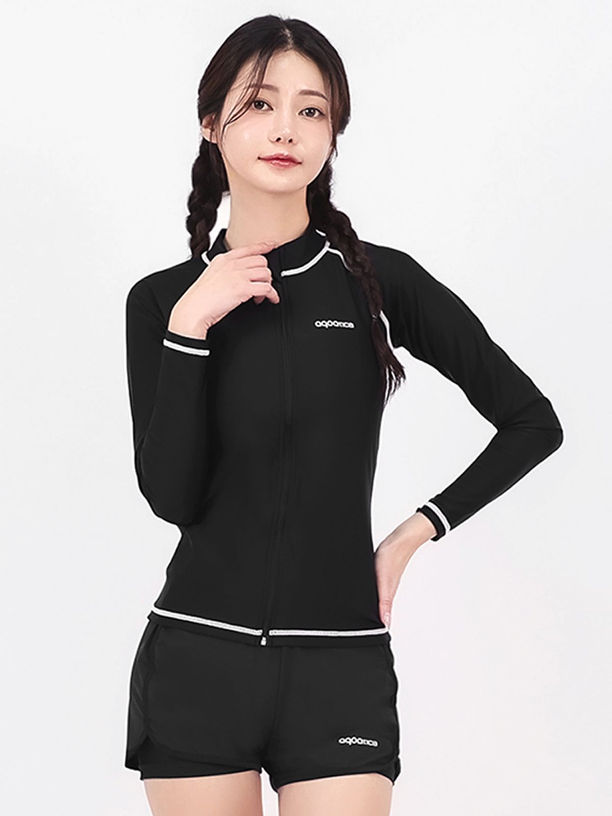 아쿠아티카(AQUATICA) 여성 래쉬가드집업 AQAWJP23004+레이어드 스윔 보드숏 BK세트
