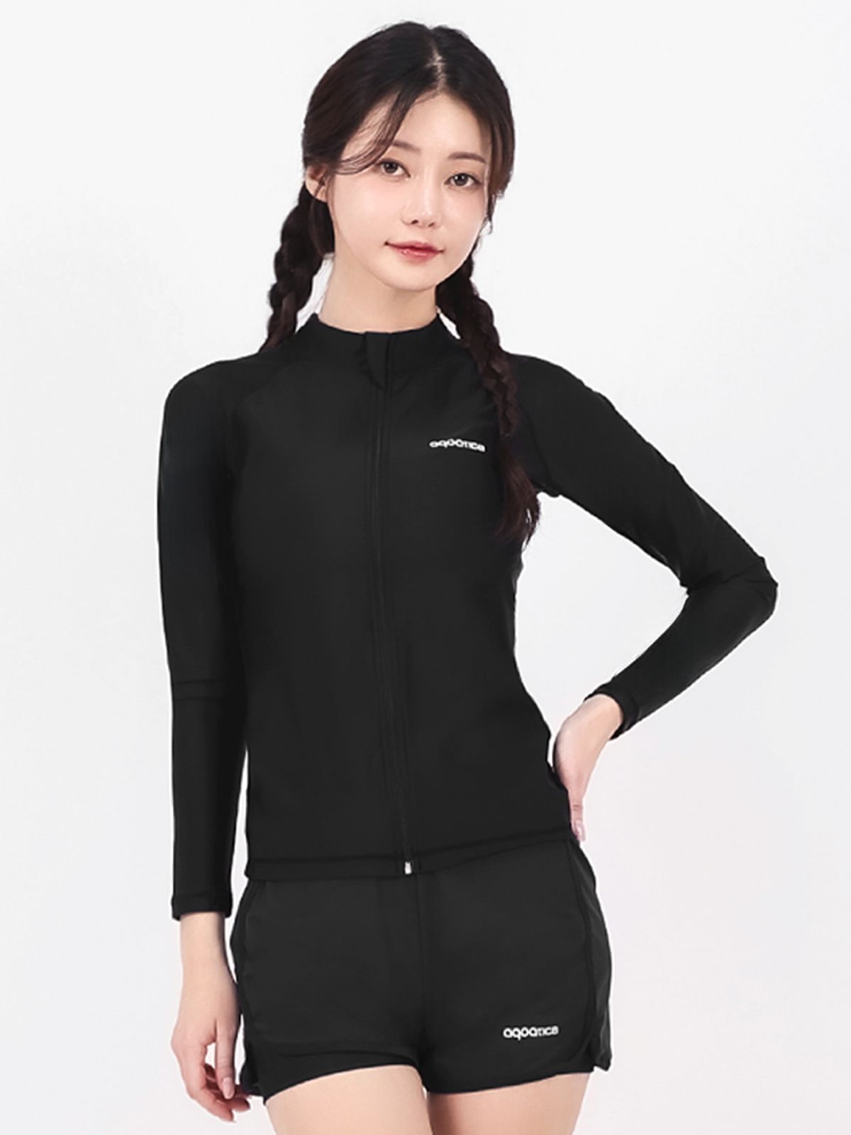 아쿠아티카(AQUATICA) 여성 래쉬가드집업 AQAWJP23006+레이어드 스윔 보드숏 BK세트