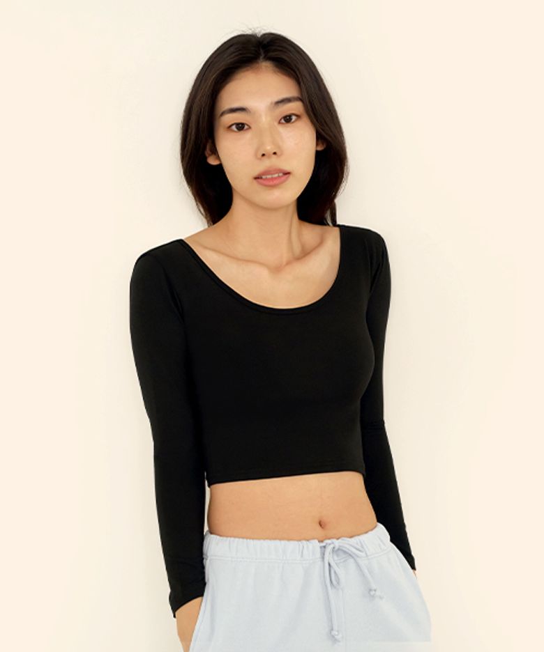 히트터치 슬림핏 딥 U넥 크롭 티셔츠_2colors