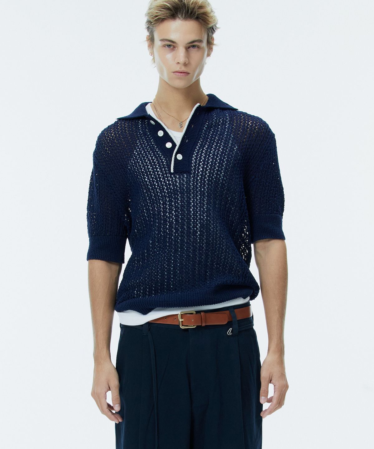 노앙(NOHANT) CROCHET SHORT SLEEVE COLLAR KNIT NAVY