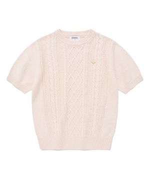 우먼 케이블 라운드넥 하프 니트 Pink