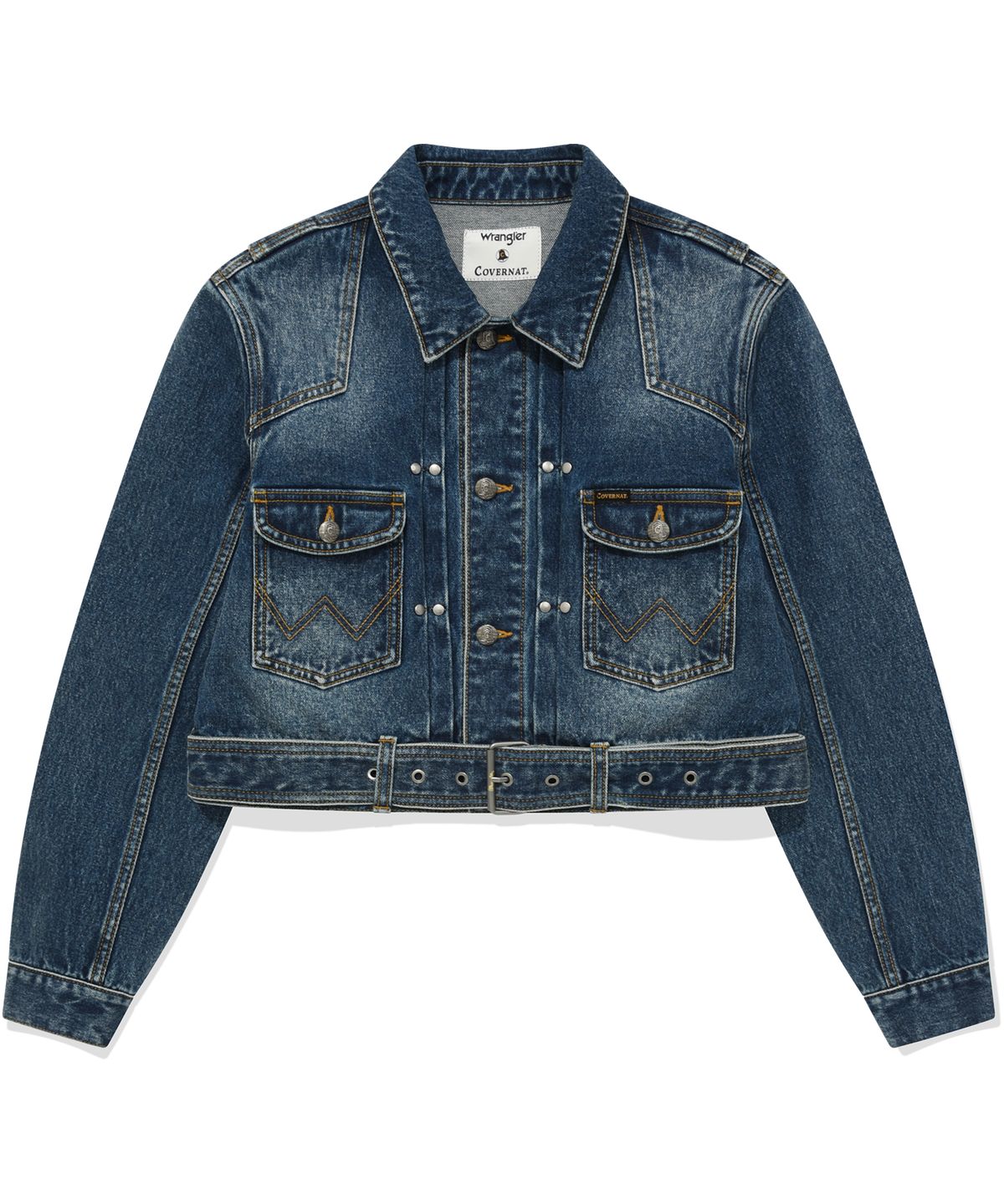 커버낫 우먼(COVERNAT WOMAN) [COVERNAT X WRANGLER] 우먼 오리지널 데님 크롭 벨티드 자켓 Indigo Medium