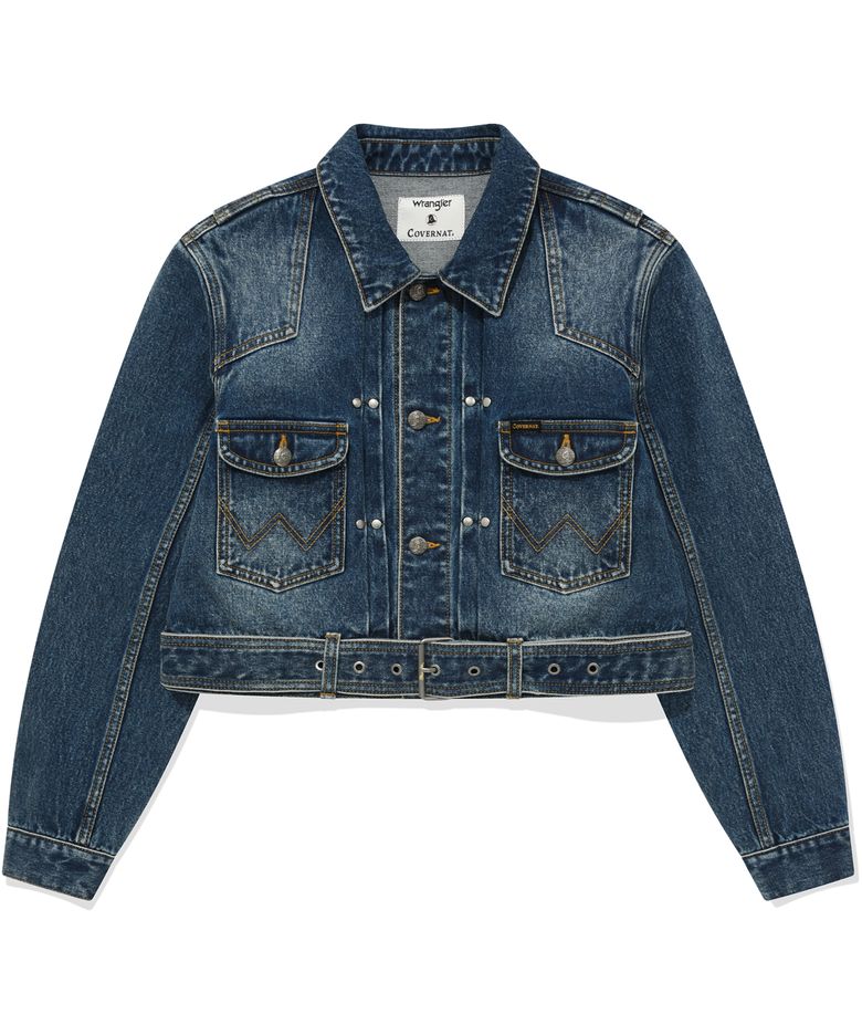 [COVERNAT X WRANGLER] 우먼 오리지널 데님 크롭 벨티드 자켓 Indigo Medium