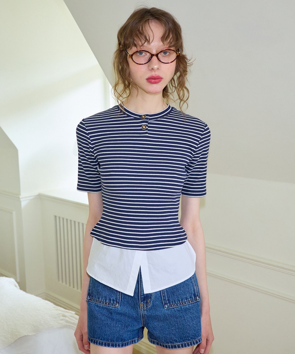 살롱 드 욘(SALON DE YOHN) Shirt Detail Round-neck Stripe T_ Navy