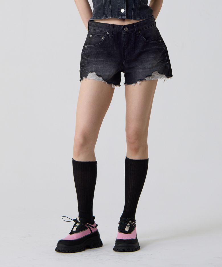 빈티지 데미지 데님 쇼츠 블랙