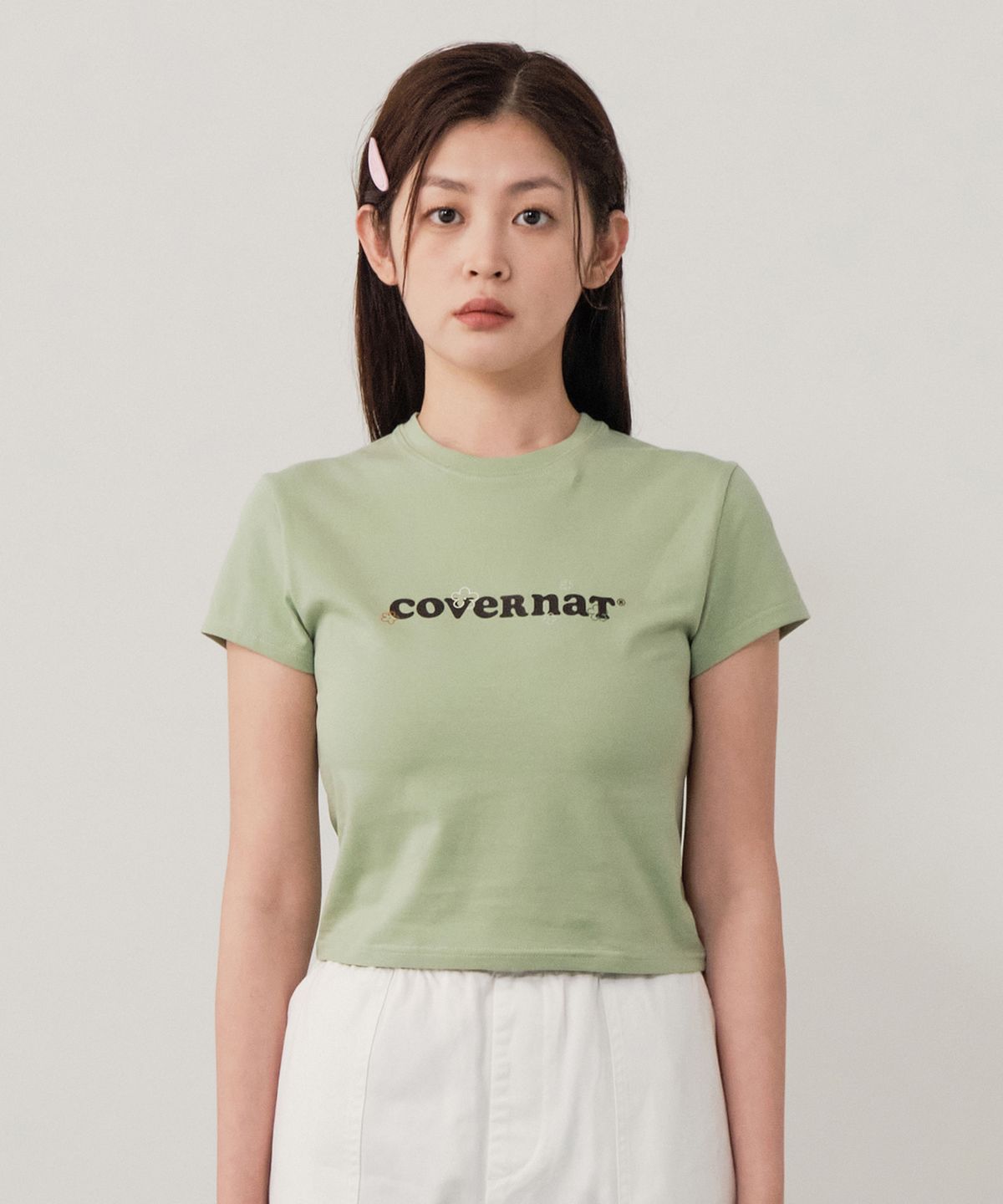 커버낫 우먼(COVERNAT WOMAN) 우먼 크롭 스케치 로고 베이비 티셔츠 Mint